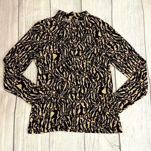 HALOGEN Women’s Long Sleeve Blouse High Neckline Brown & Black Pattern Size 1